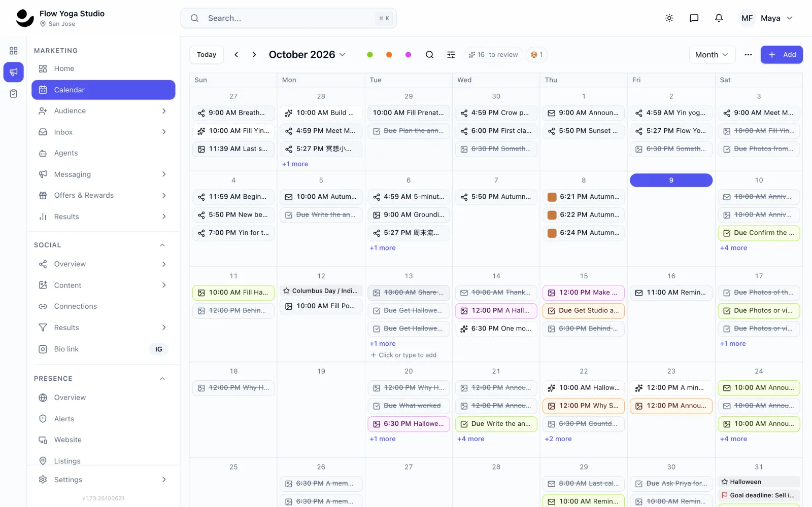 Flowtropy's calendar: a month of scheduled posts, emails and messages