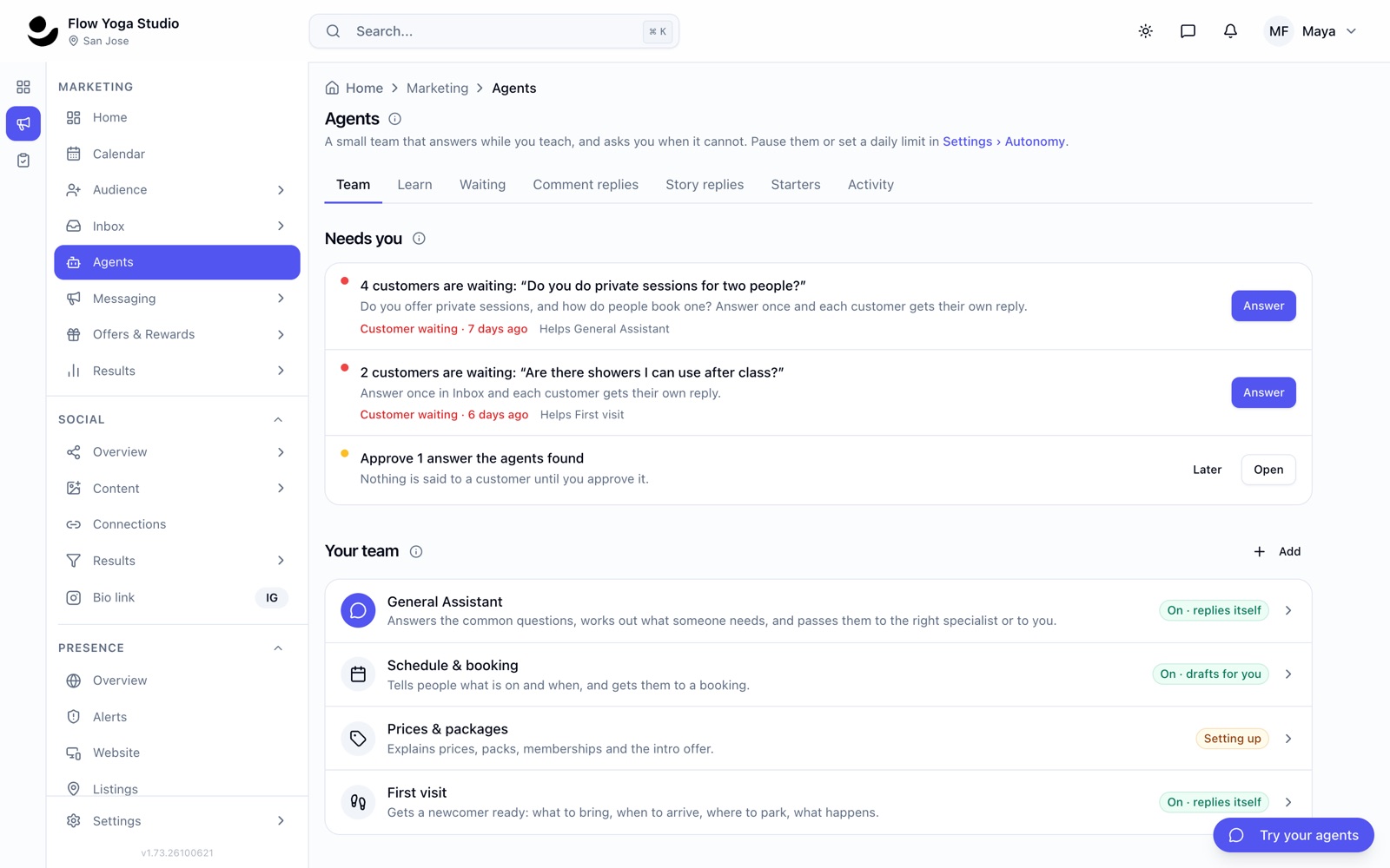 Flowtropy's Agents page: the questions waiting for the owner, and the team of agents with what each may do on its own